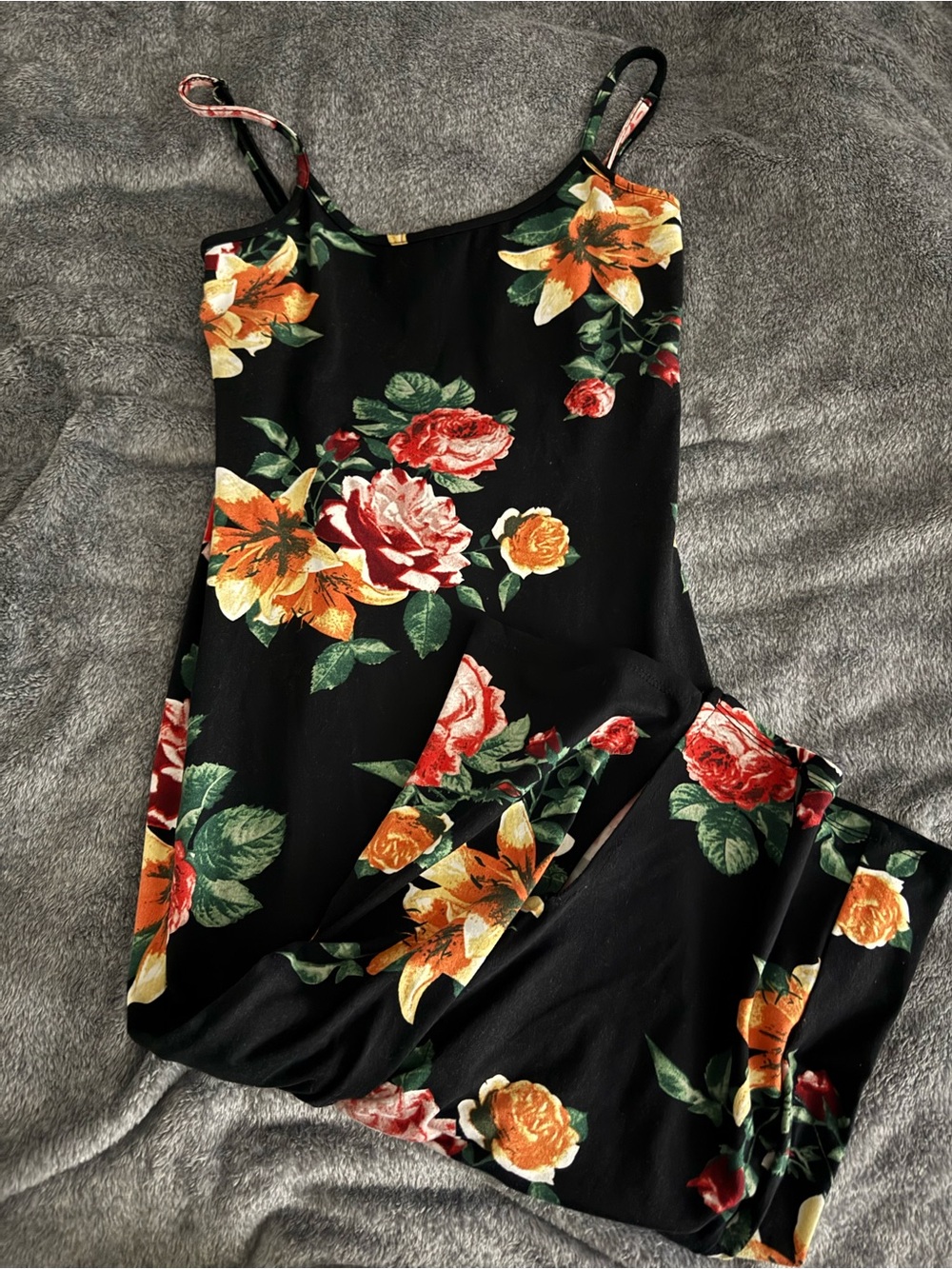Fashion Nova Black Midi Dress with Red, Orange & Green Floral Print